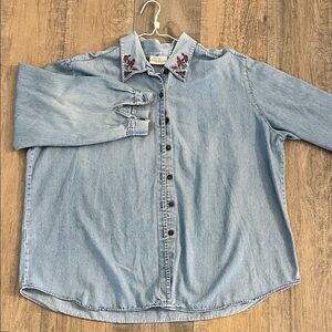 Susan Bristol Light Blue Denim Shirt Embroidered Collar Button Front Size 3W